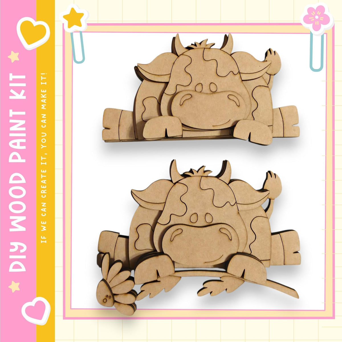 two wooden cutouts of cartoon cows, one standing and one sitting, against a pink and yellow background.