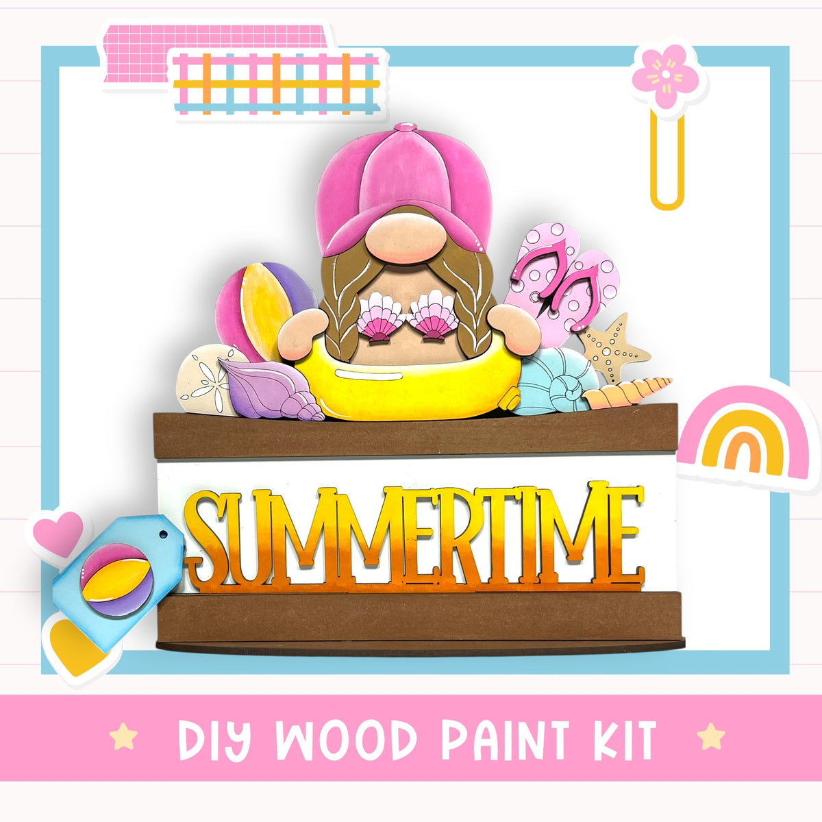 The image is a colorful and whimsical illustration featuring a gnome-like character surrounded by various summer-themed objects, such as a beach ball, flip flops, and a rainbow. The text "DIY WOOD PAINT KIT" is prominently displayed, indicating that this is a DIY wood paint kit for creating a summer-themed artwork.