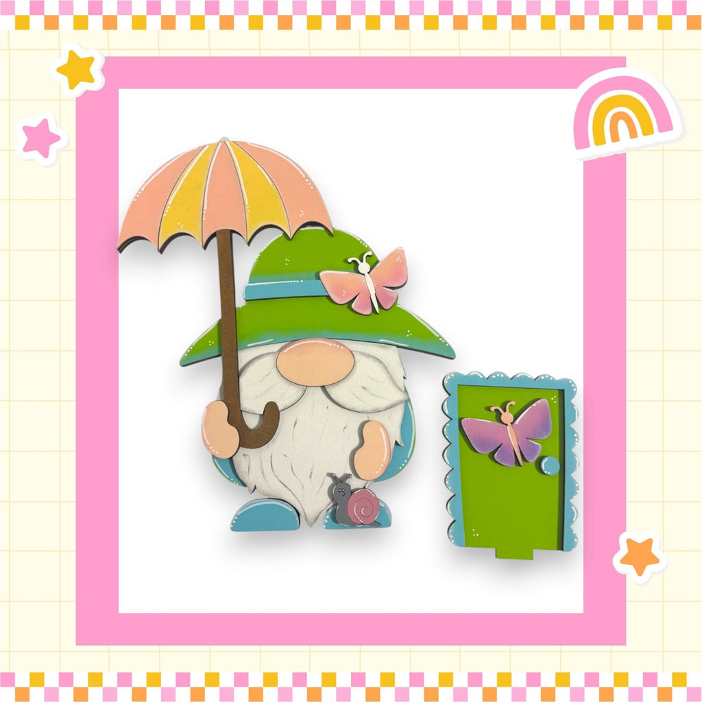 a card with a picture of a gnome holding an umbrella