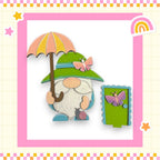 a card with a picture of a gnome holding an umbrella
