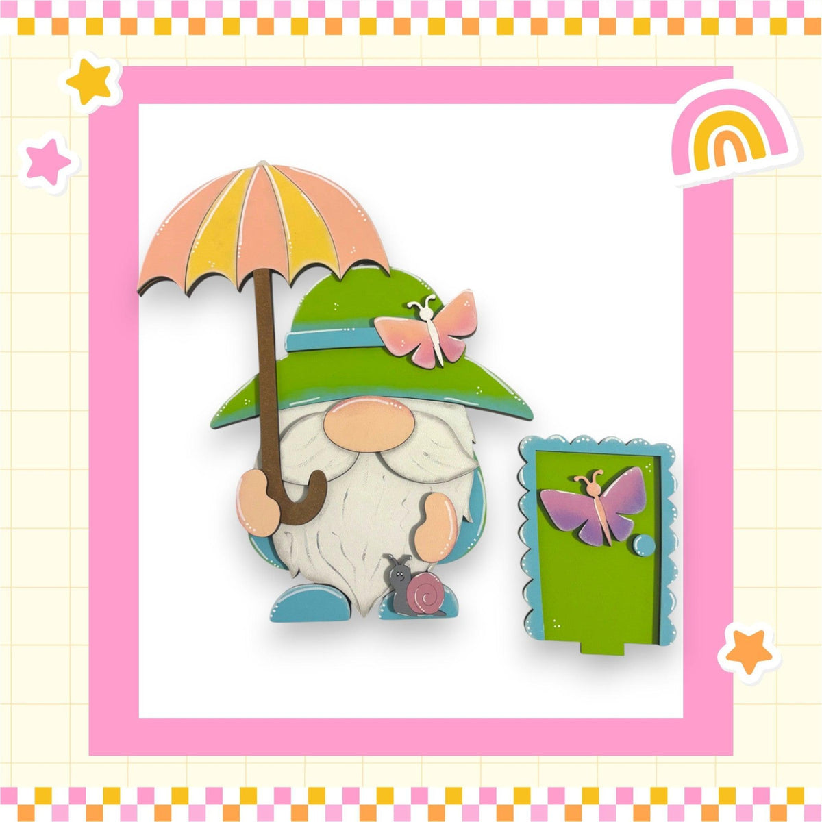 a card with a picture of a gnome holding an umbrella