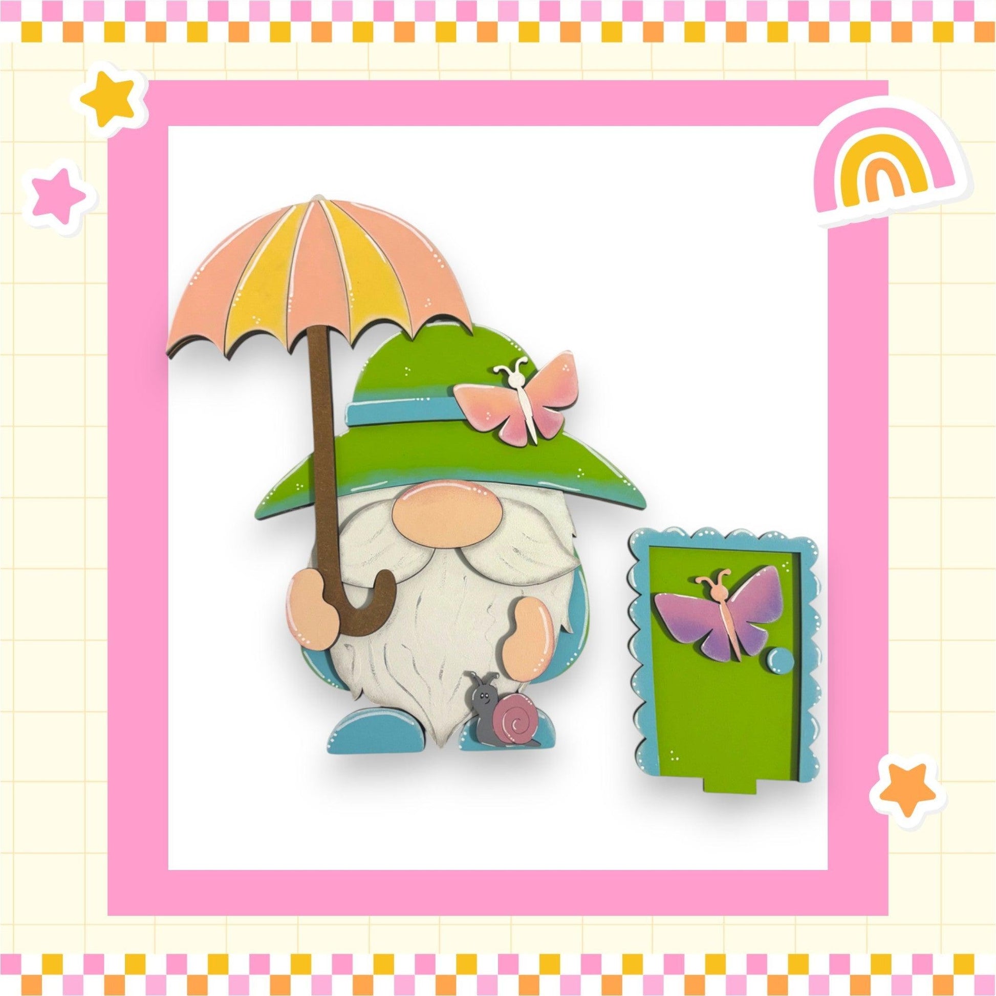 a card with a picture of a gnome holding an umbrella