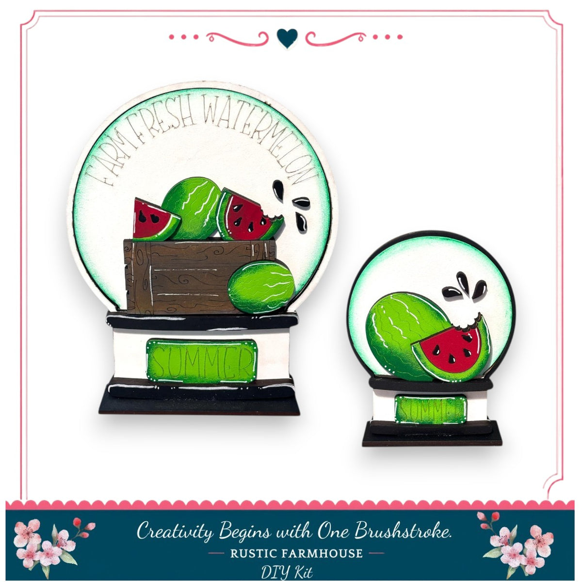 two decorative items with a watermelon theme. The larger item is a decorative plate with a watermelon design and the word "FRESH WATERMELON" written on it. The smaller item is a decorative bowl with a watermelon design and the word "SUMMER" written on it. Both items are placed on a white background, and the image includes text that reads "Creativity Begins with One Brushstroke - RUSTIC FARMHOUSE - DIY KIT".