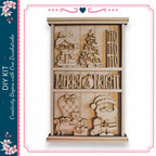 The image is a wooden frame with various holiday-themed cutouts, including a Christmas tree, Santa Claus, and other festive characters.