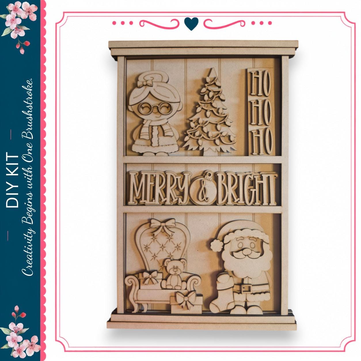 The image is a wooden frame with various holiday-themed cutouts, including a Christmas tree, Santa Claus, and other festive characters.