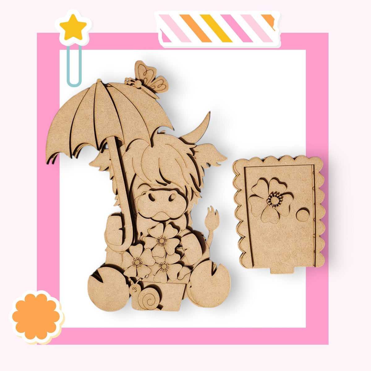 a wooden cutout of a girl with an umbrella
