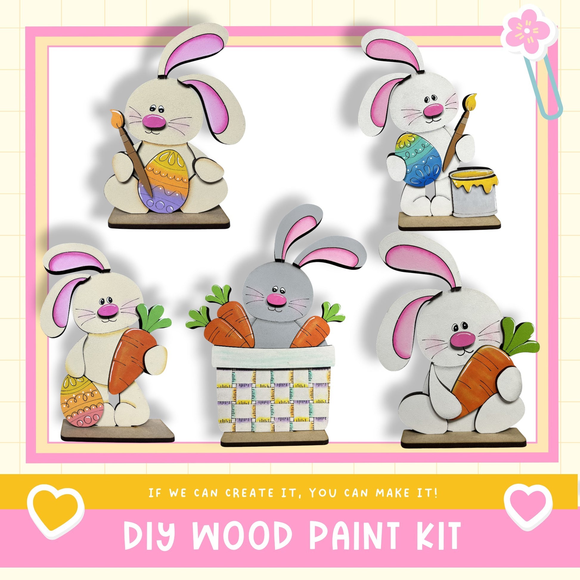 The image is a collage of five wooden Easter bunny figures, each holding a carrot and placed in a basket. The text below the image reads "DIY WOOD PAINT KIT" and "If we can create it, you can make it!"