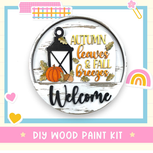 a wooden sign that says autumn leaves and fall brings welcome