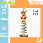 a colorful spring toy with a bunny figure on top of it, set against an orange background.