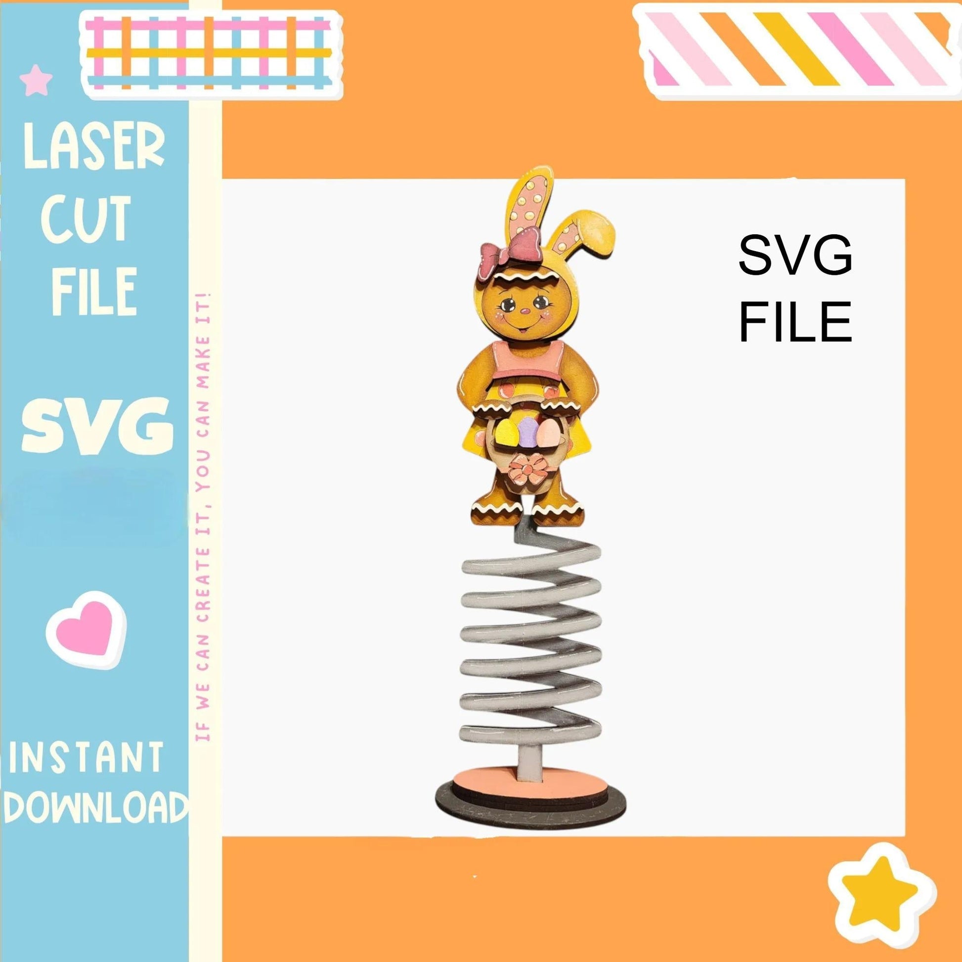 a colorful spring toy with a bunny figure on top of it, set against an orange background.