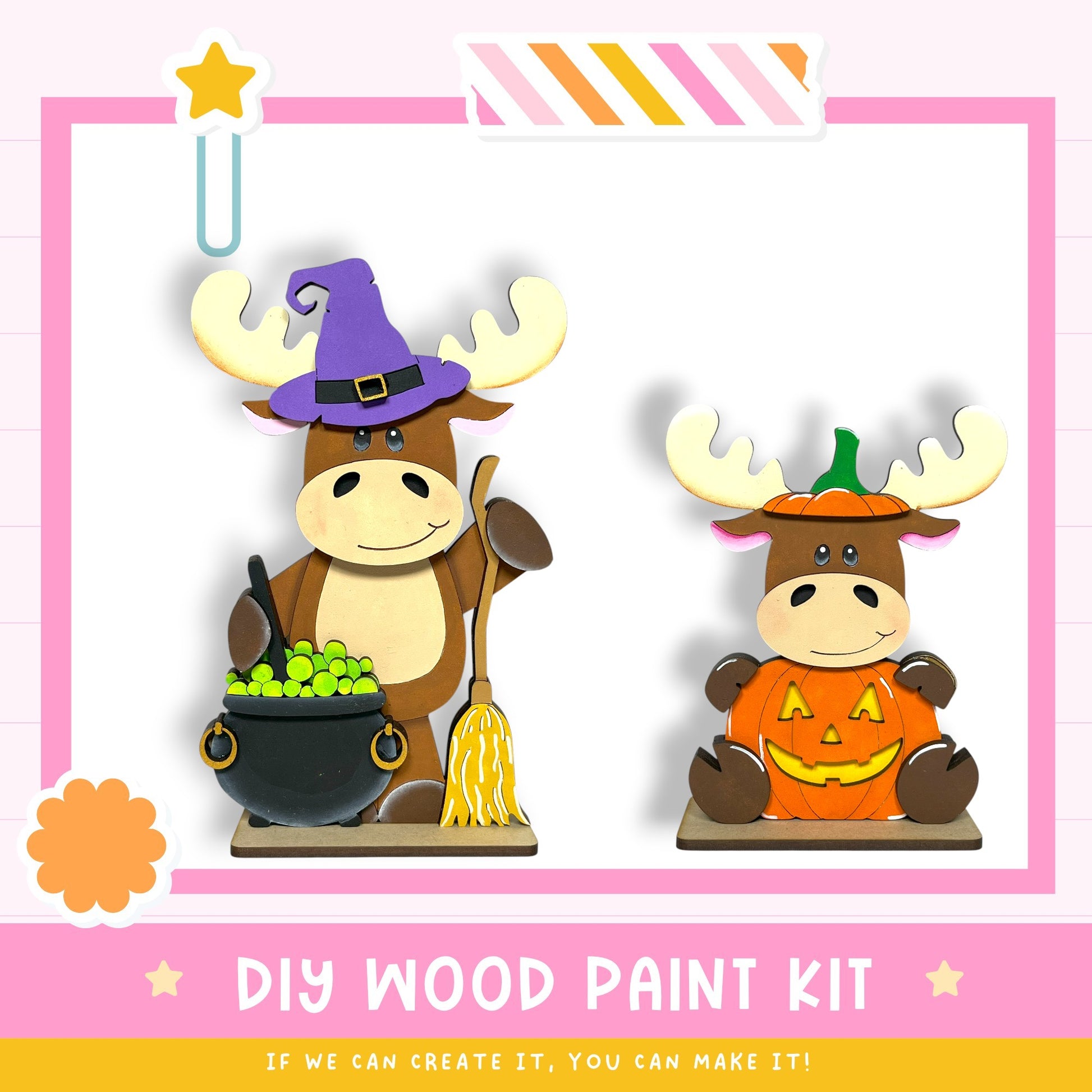 two cartoon moose characters dressed in Halloween costumes, one wearing a witch's hat and the other a carved pumpkin. The moose characters are holding various Halloween-themed items, such as a cauldron filled with green apples and a broom. The image also includes text that reads "DIY WOOD PAINT KIT" and "IF WE CAN CREATE IT, YOU CAN MAKE IT!"