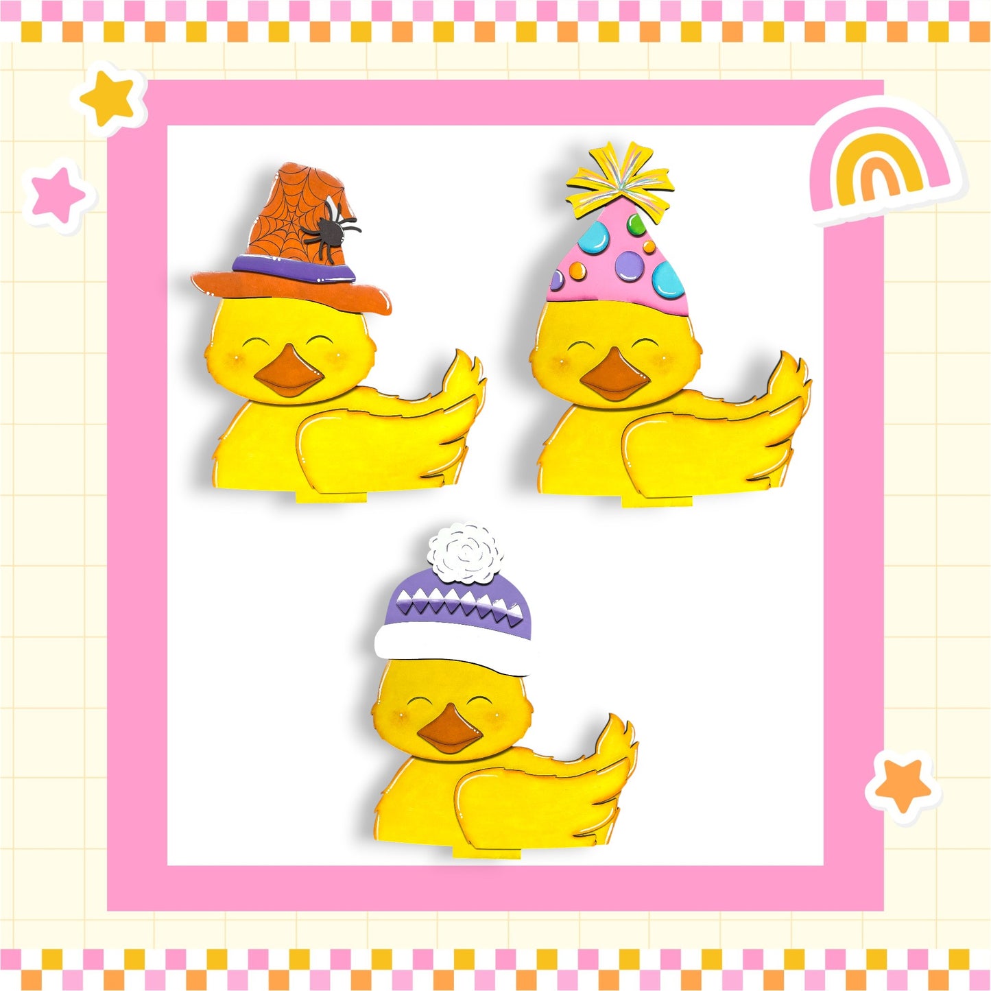 three cheerful yellow duck characters wearing party hats, with one duck wearing a purple hat and the other two wearing colorful party hats.