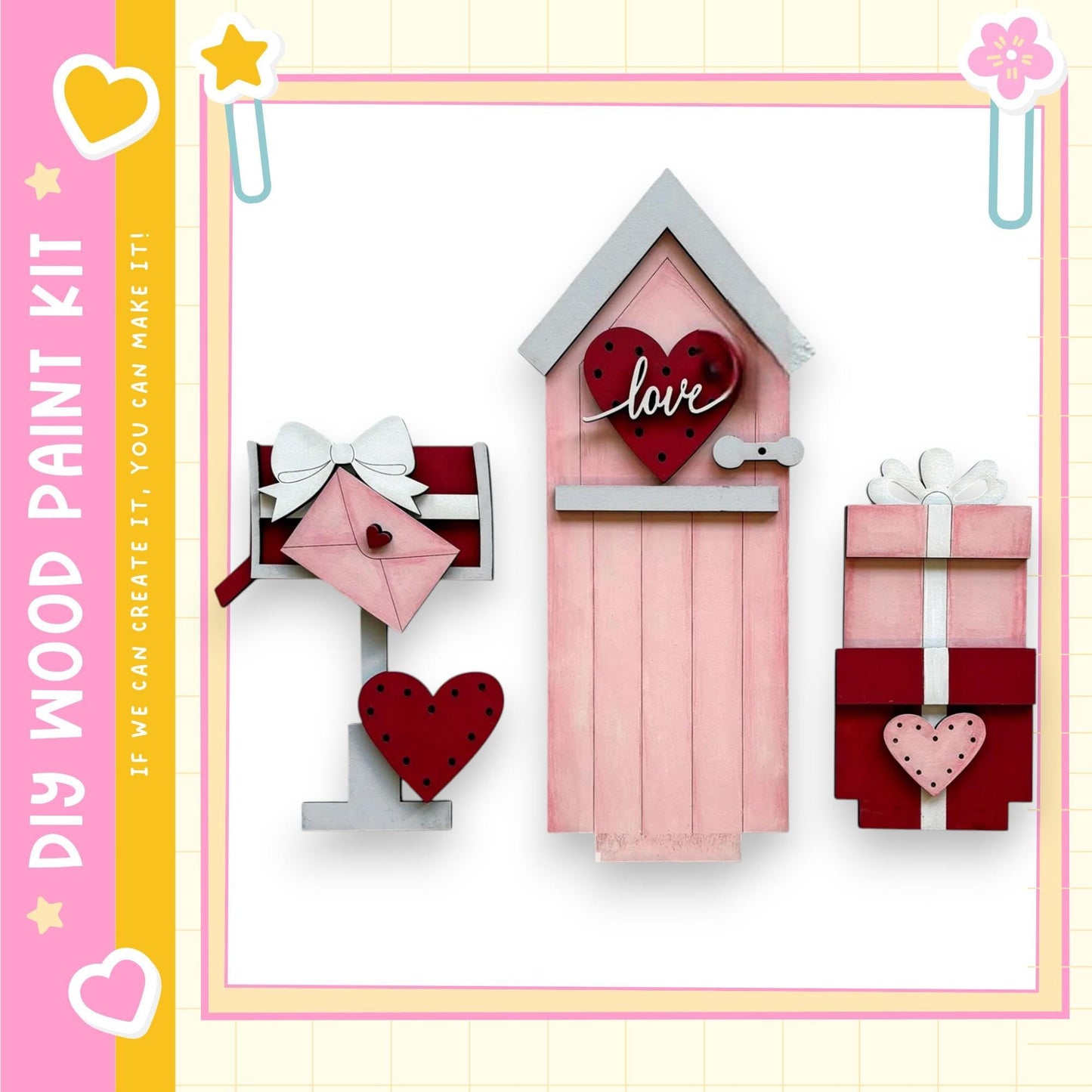 a pink wooden mailbox with a heart-shaped sign that says "love" on it, along with two smaller wooden boxes decorated with hearts.