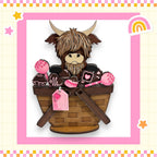 a card with a picture of a cow in a basket of chocolates