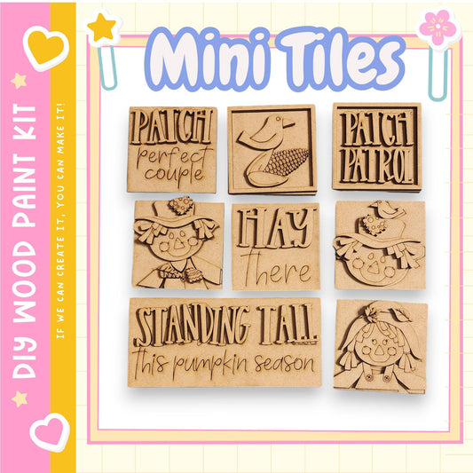 six wooden cutouts, each with a unique design, arranged in a grid pattern. The cutouts are labeled with phrases such as "PATCH perfect couple", "PATCH patrol", "HAY there", "STANDING I AM", and "This pumpkin season". The cutouts are set against a pink and yellow background, and the image does not contain any text that can be described in fewer than 500 characters.