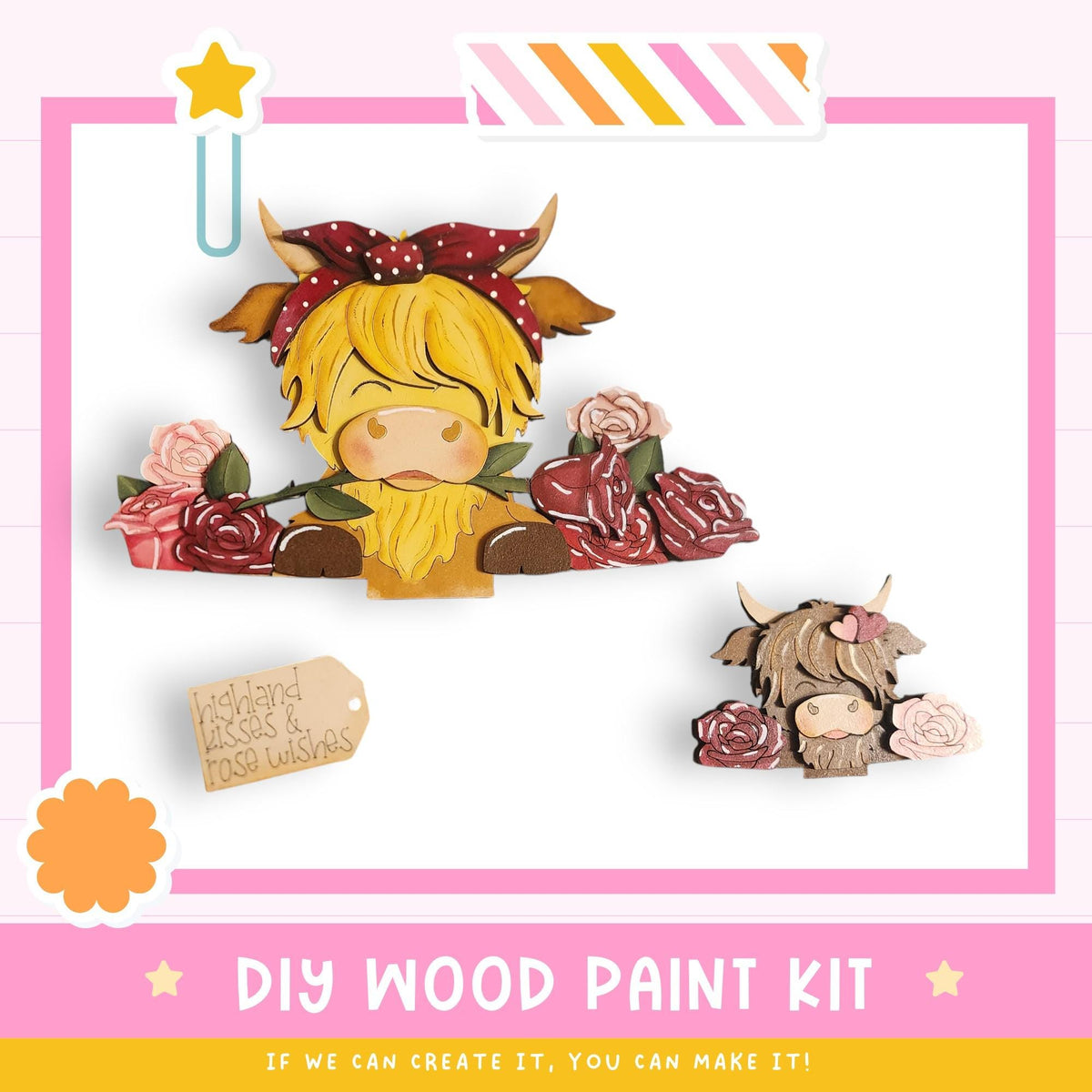 a DIY wood paint kit with a wooden cow and a wooden flower, along with a tag that says "Highland Wishes".