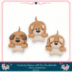 three wooden dog figurines with a rustic farmhouse theme, arranged in a row against a white background.