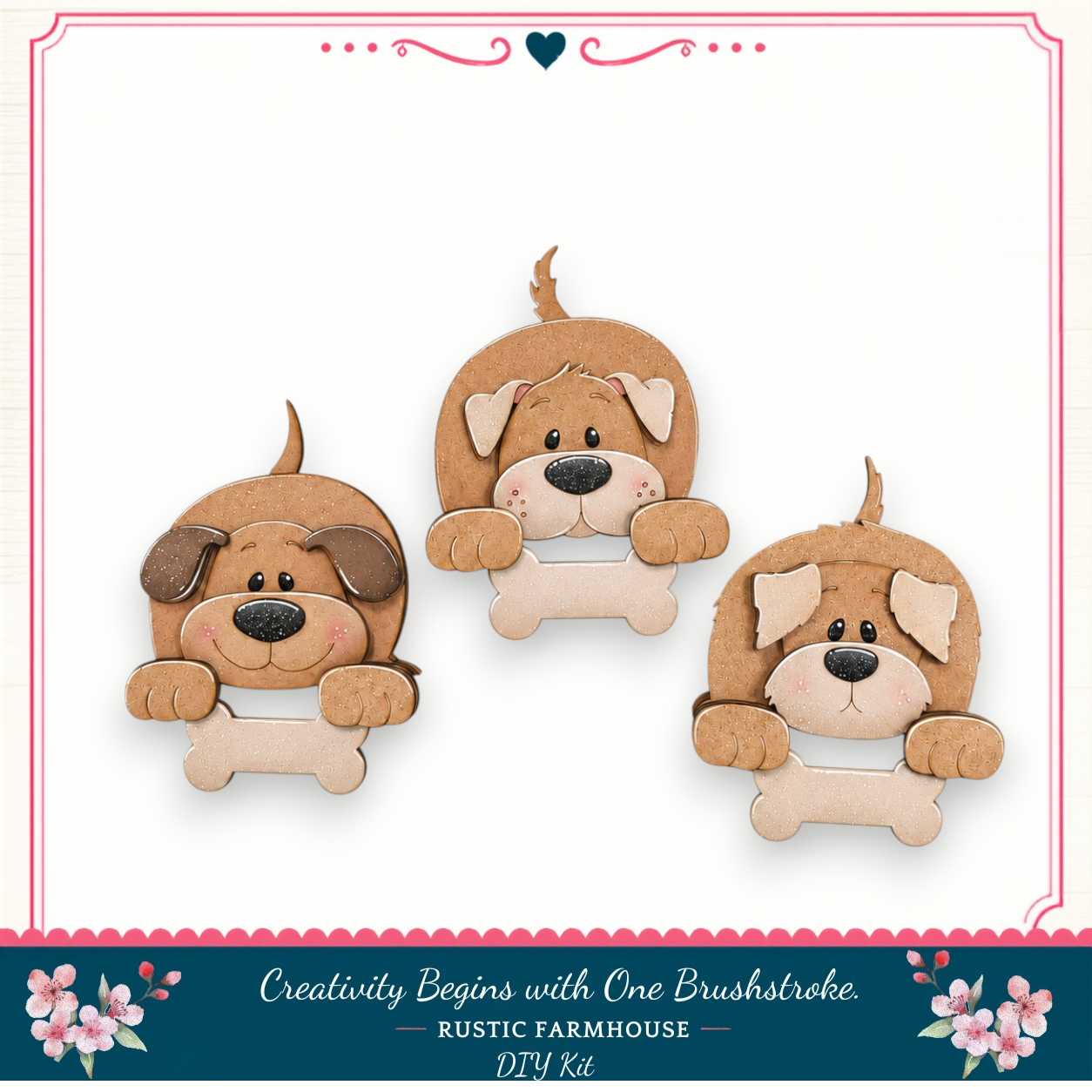 three wooden dog figurines with a rustic farmhouse theme, arranged in a row against a white background.