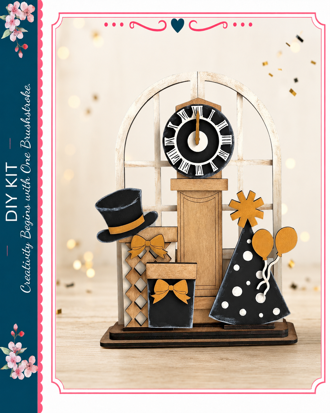 a wooden clock with a black face and gold accents, surrounded by various decorative elements such as a top hat, a gift box, and a party hat.