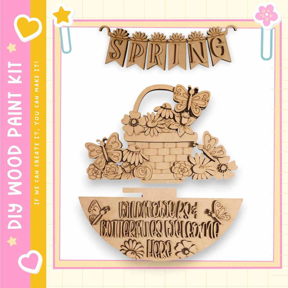 a wooden sign with the word "SPRING" written on it, along with various decorative elements such as butterflies and flowers. The sign appears to be a part of a larger wooden craft kit, as indicated by the text "My Wood Paint Kit" and "If we can create it, you can make it".