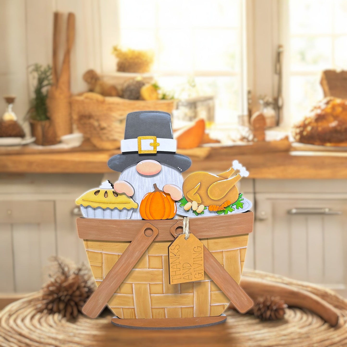 a basket of food on a table in a kitchen