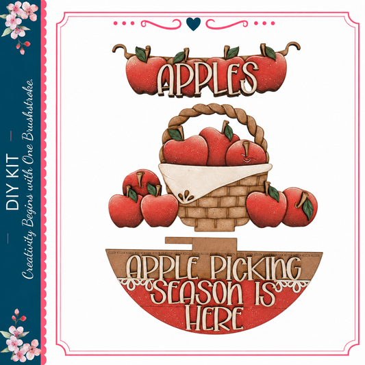 a basket filled with red apples, along with the text "APPLES" and "APPLE PICKING SEASON IS HERE" written on it.
