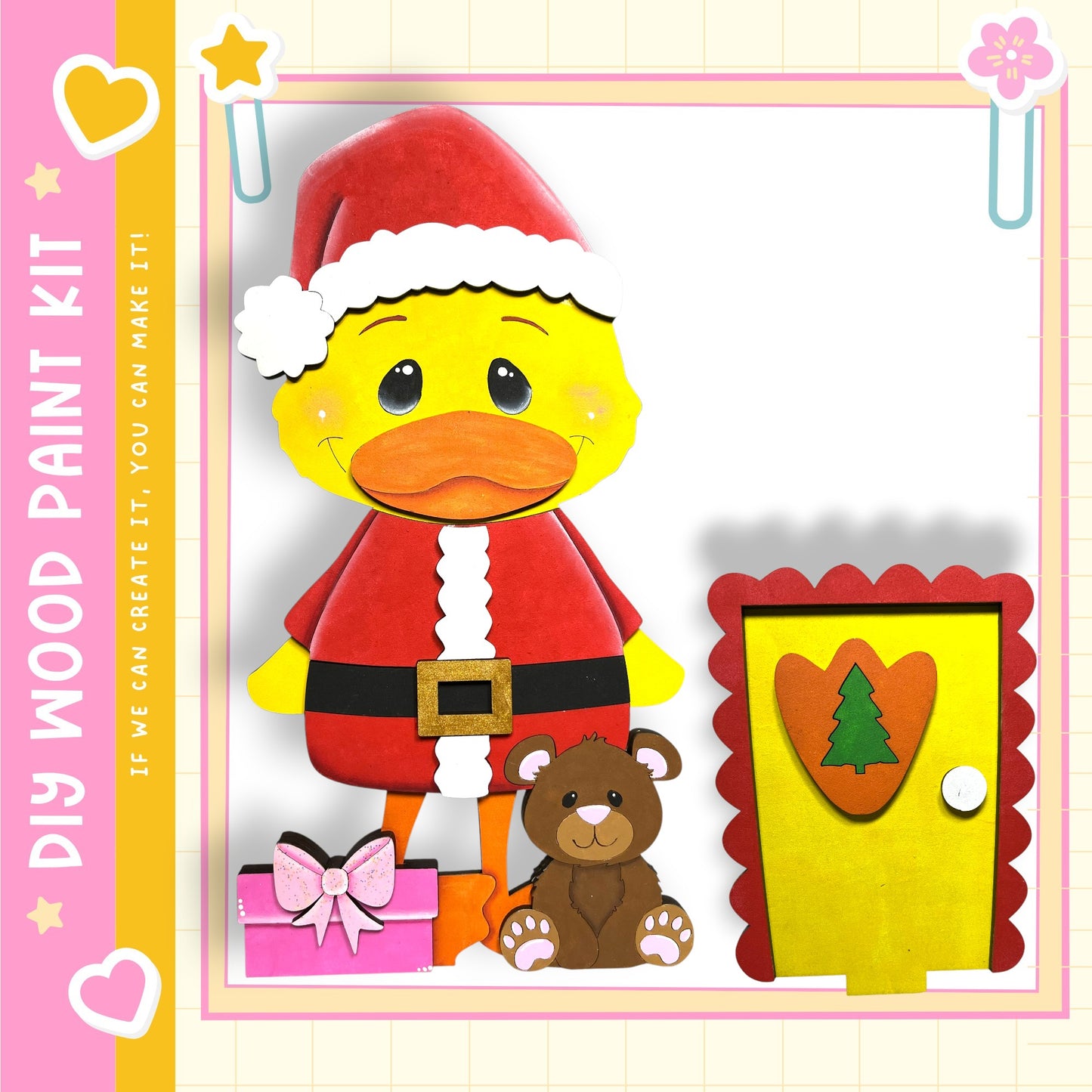 A cheerful cartoon duck wearing a Santa Claus outfit and holding a gift box, accompanied by a teddy bear, is the central focus of the image.