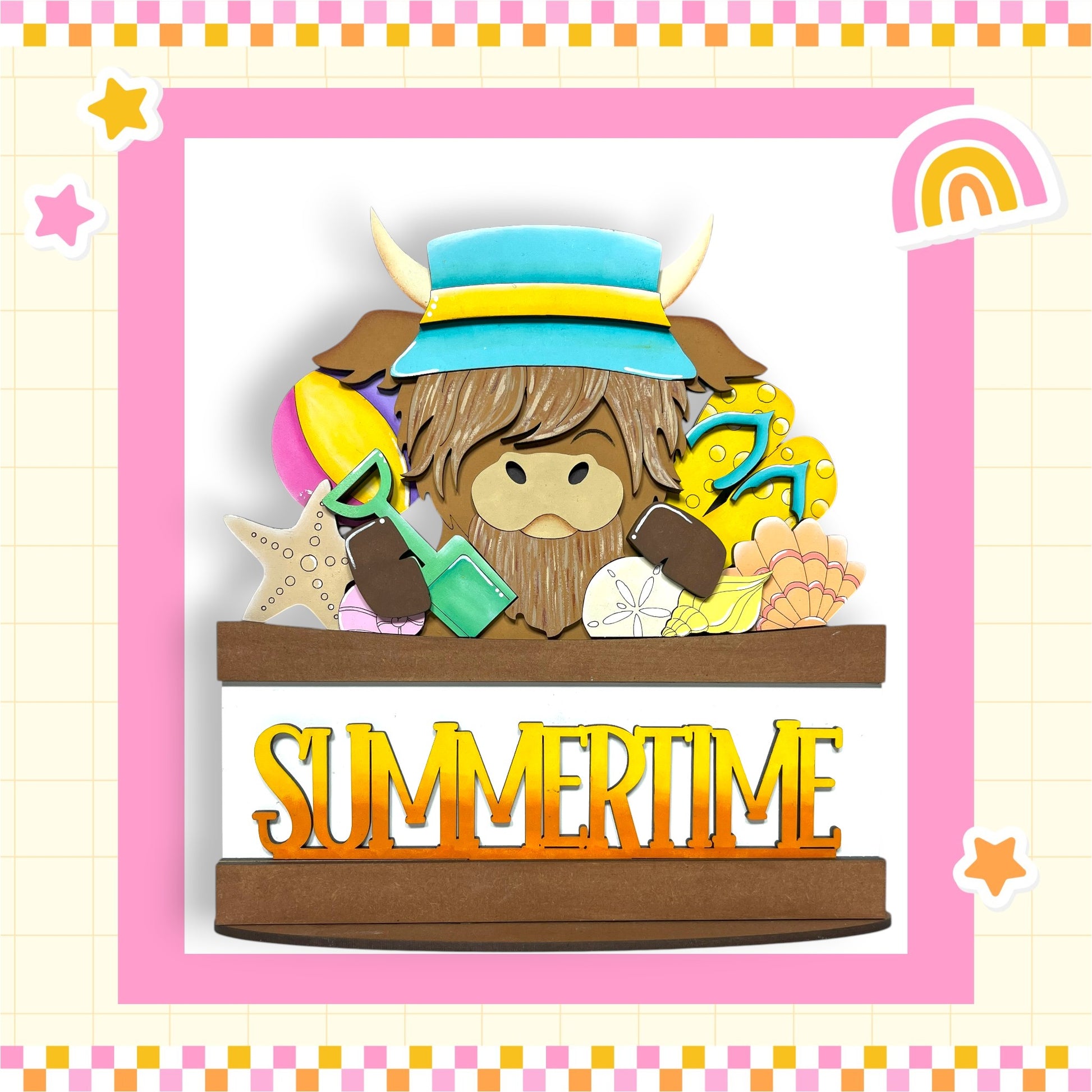 A cartoon cow wearing a blue hat and holding a shovel, surrounded by various summer-themed objects such as a beach ball, seashells, and a rainbow, with the word "SUMMERTIME" written below.