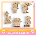 a DIY wood paint kit with various wooden animal figurines, including bears, birds, and a wagon, as well as an umbrella and a flower.