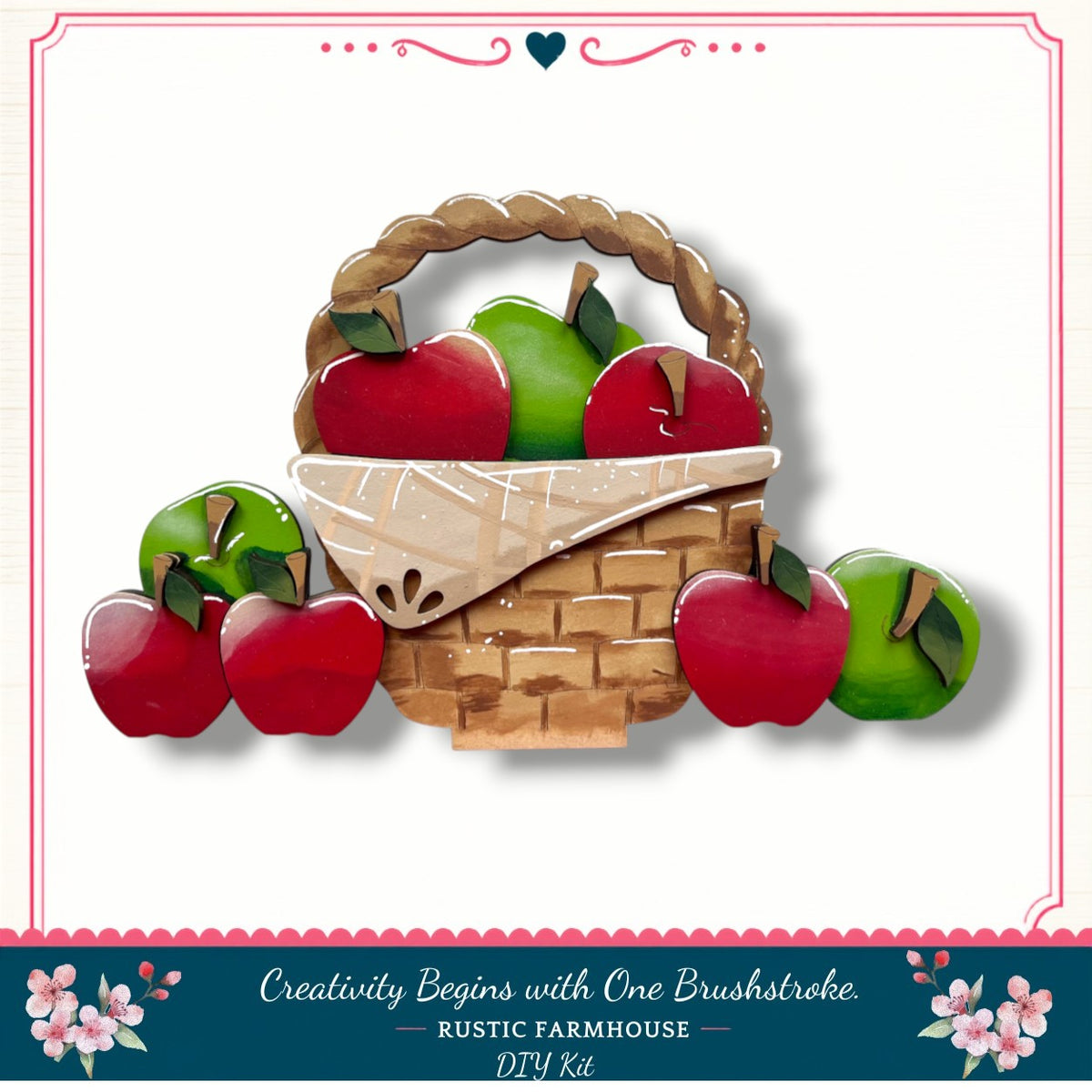 A basket filled with red and green apples, surrounded by additional apples, against a white background.