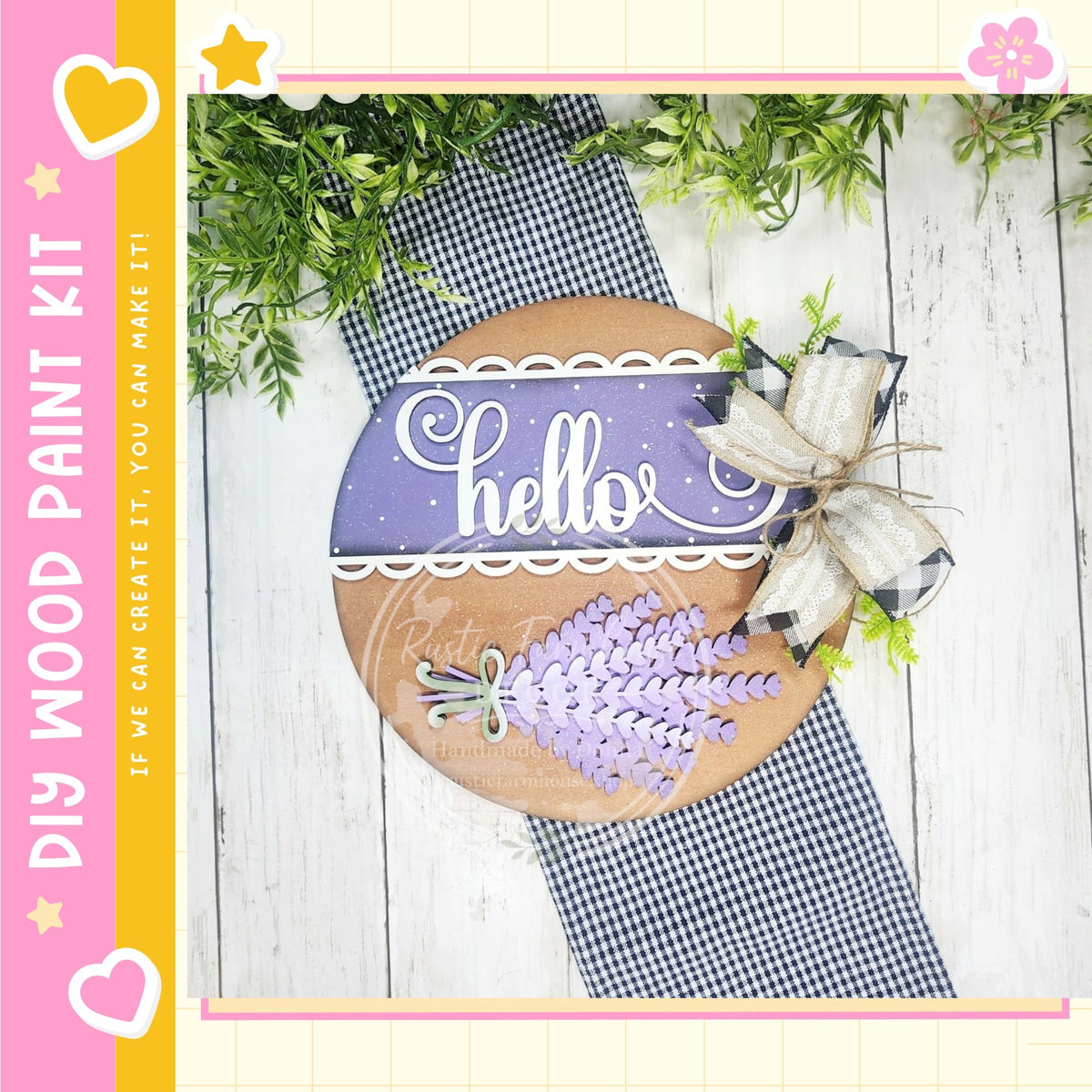a wooden sign with the word "Hello" written on it, surrounded by decorative elements such as a ribbon and a plant. The sign is placed on a wooden surface, and there are some plants and a pink heart visible in the background.