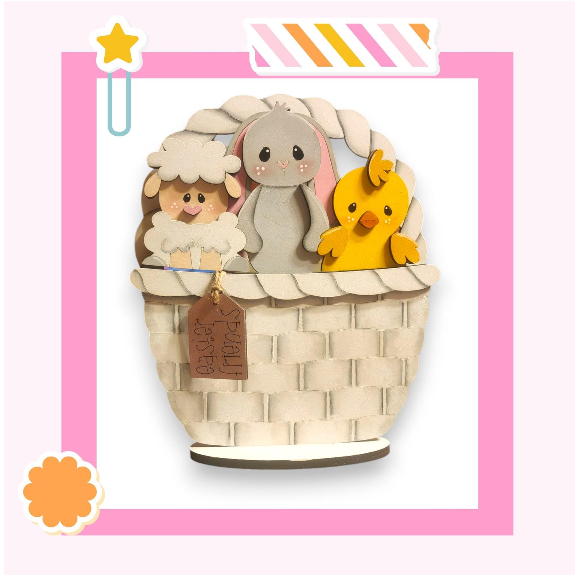 a card with a picture of a basket of toys