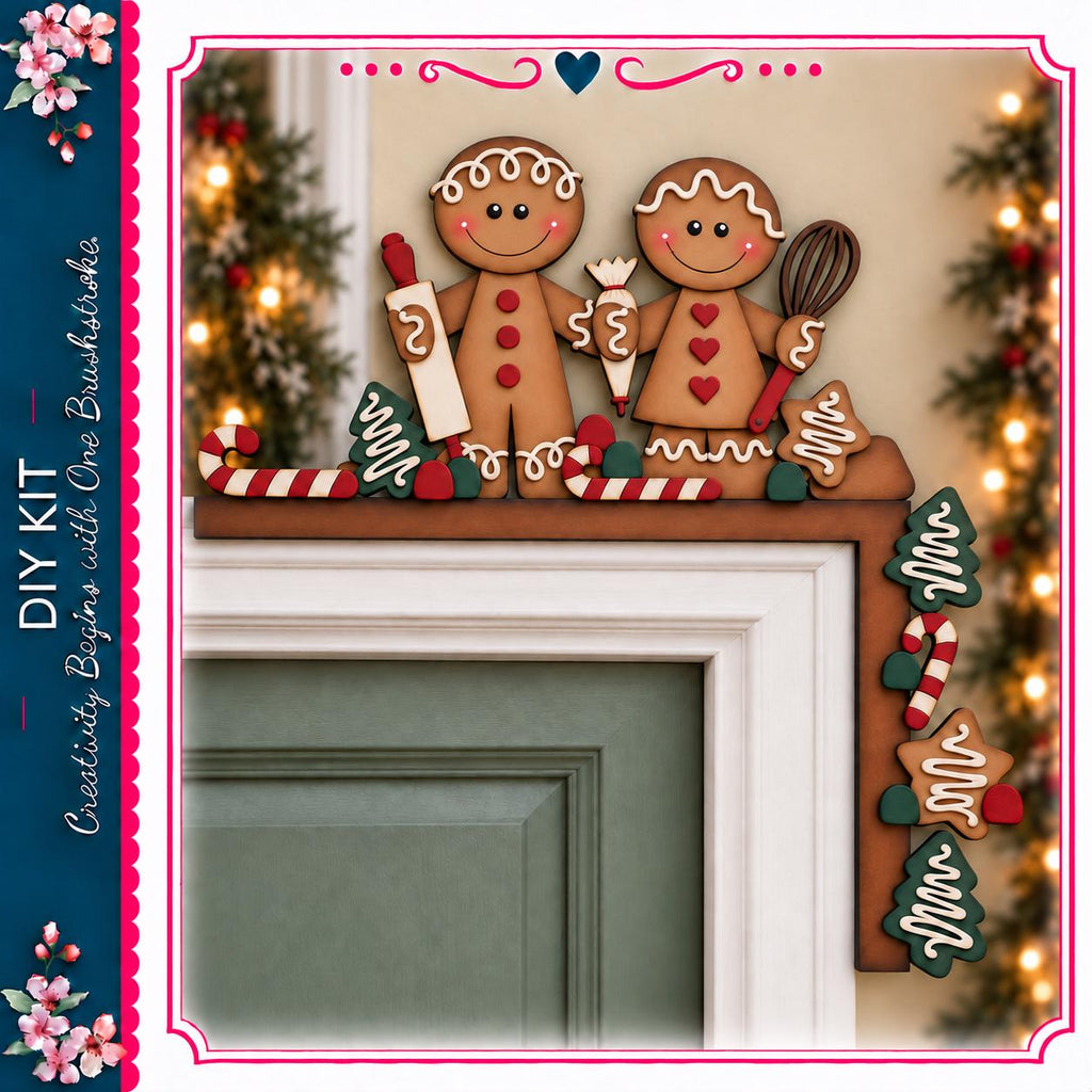 A festive holiday scene featuring two gingerbread men, one holding a rolling pin and the other a whisk, sitting on a mantel decorated with Christmas ornaments and lights.