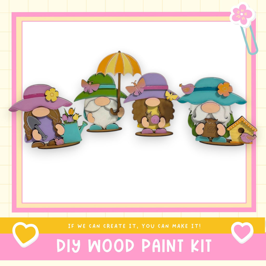 A group of four whimsical gnomes wearing colorful hats and holding umbrellas, set against a pink and yellow background.