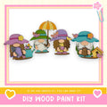 A group of four whimsical gnomes wearing colorful hats and holding umbrellas, set against a pink and yellow background.