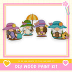 A group of four whimsical gnomes wearing colorful hats and holding umbrellas, set against a pink and yellow background.