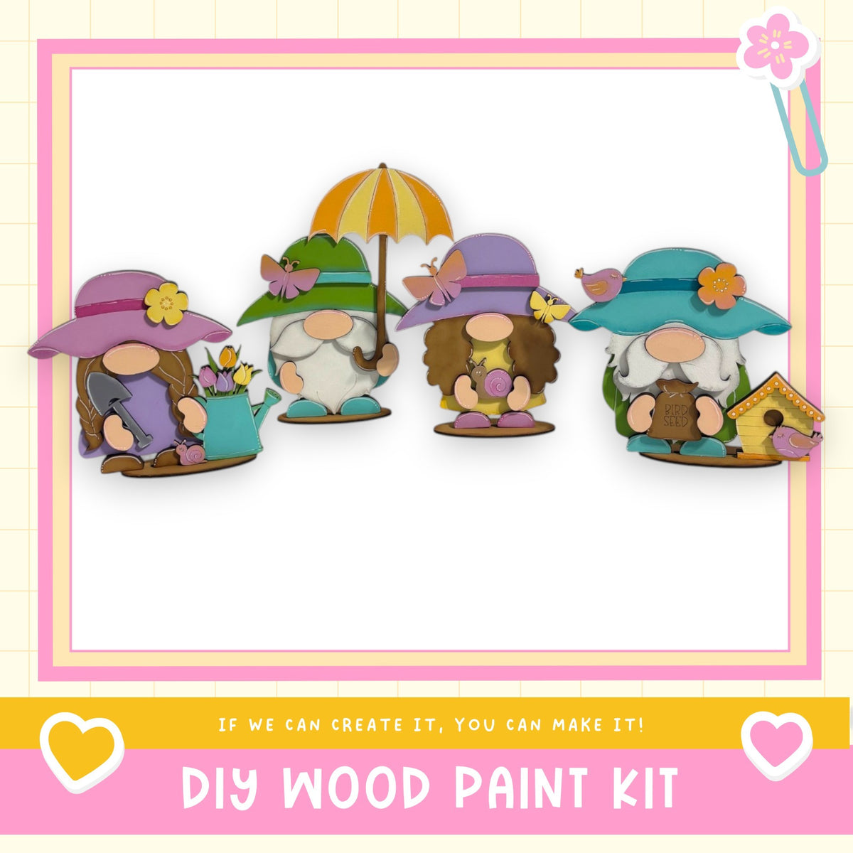 A group of four whimsical gnomes wearing colorful hats and holding umbrellas, set against a pink and yellow background.