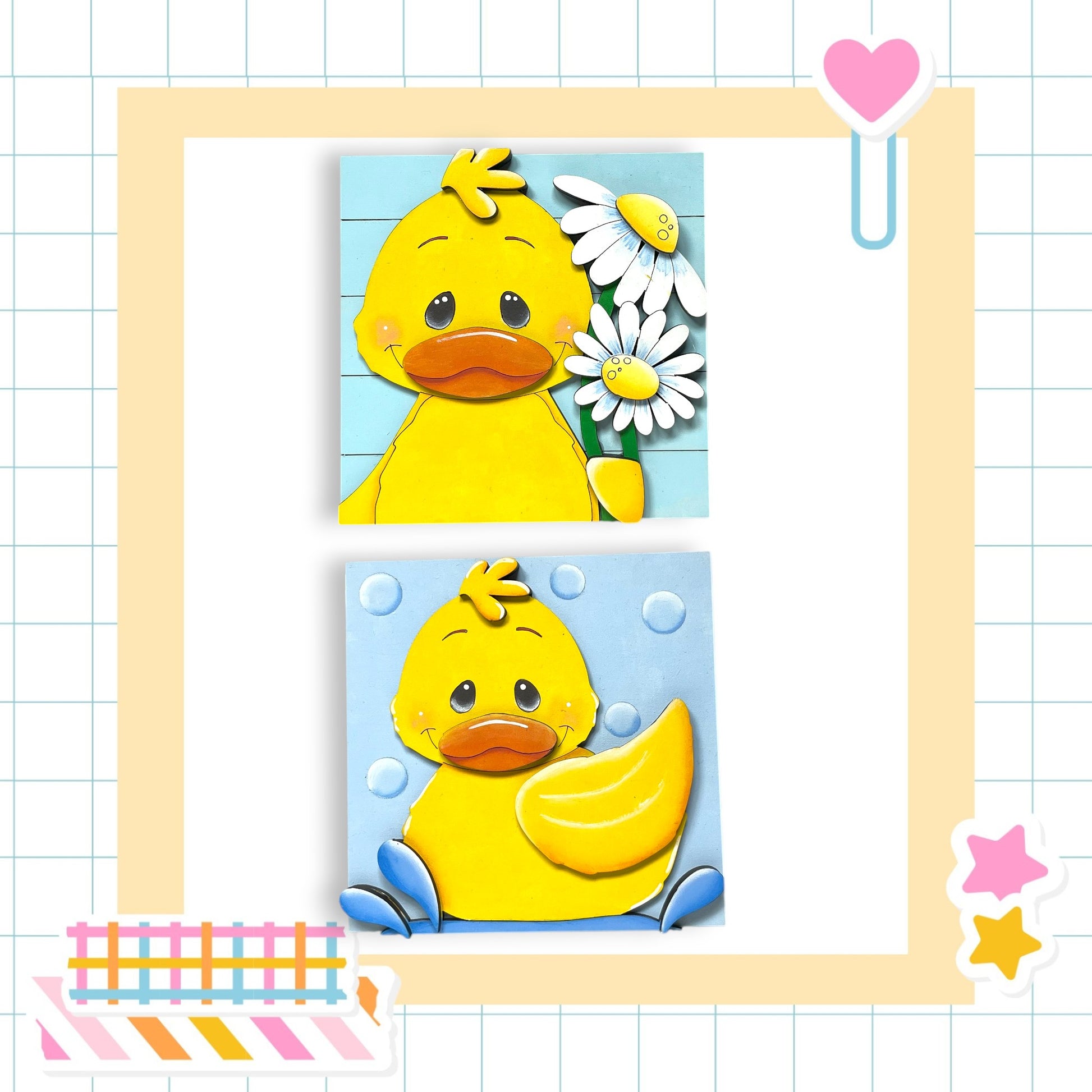 two cheerful yellow duck illustrations, one with a flower and the other with bubbles, set against a grid background with a heart and stars.