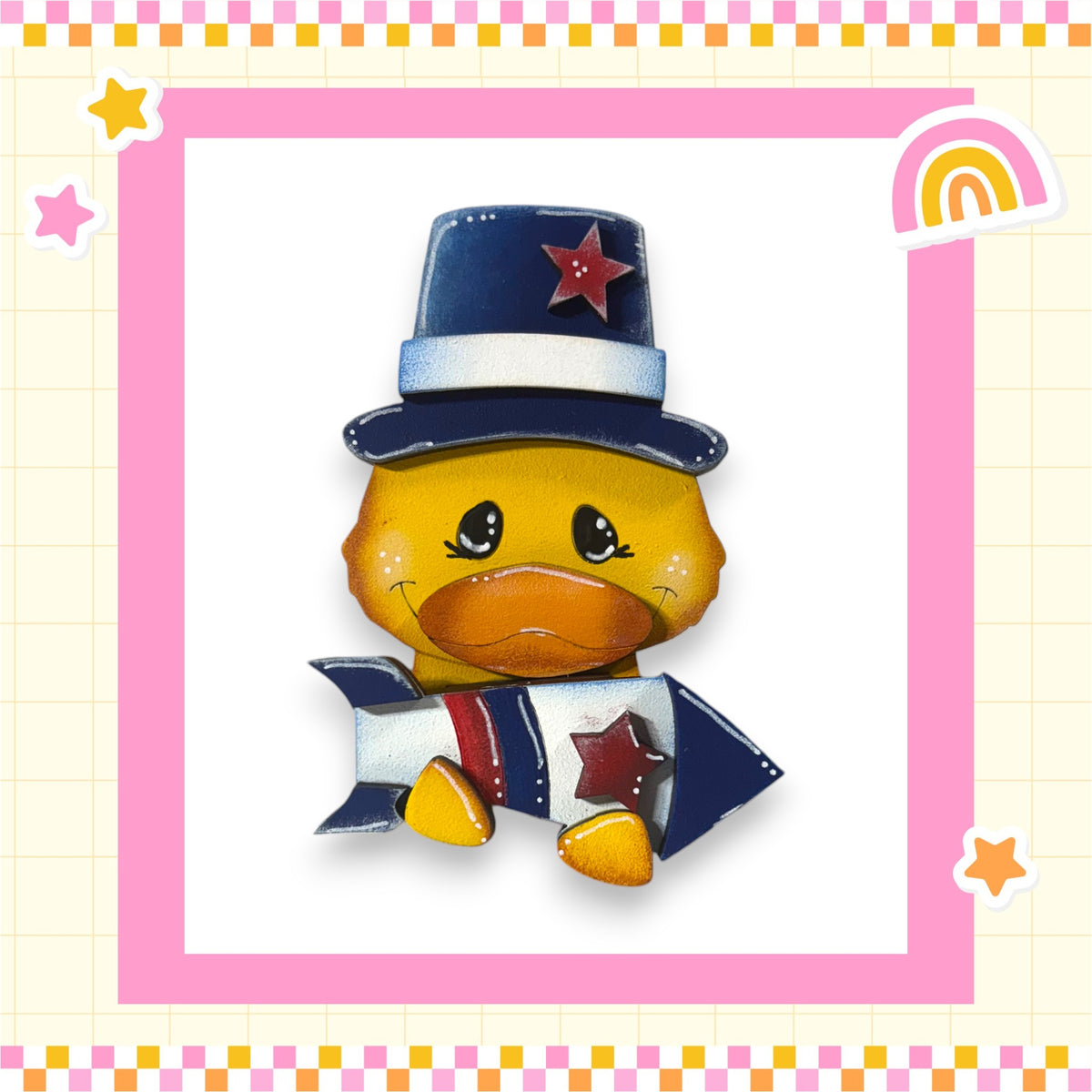 A yellow duck wearing a top hat and holding a rocket ship, set against a pink and yellow checkered background with stars and a rainbow.