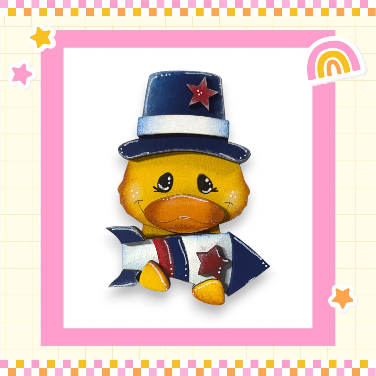 A yellow duck wearing a top hat and holding a rocket ship, set against a pink and yellow checkered background with stars and a rainbow.