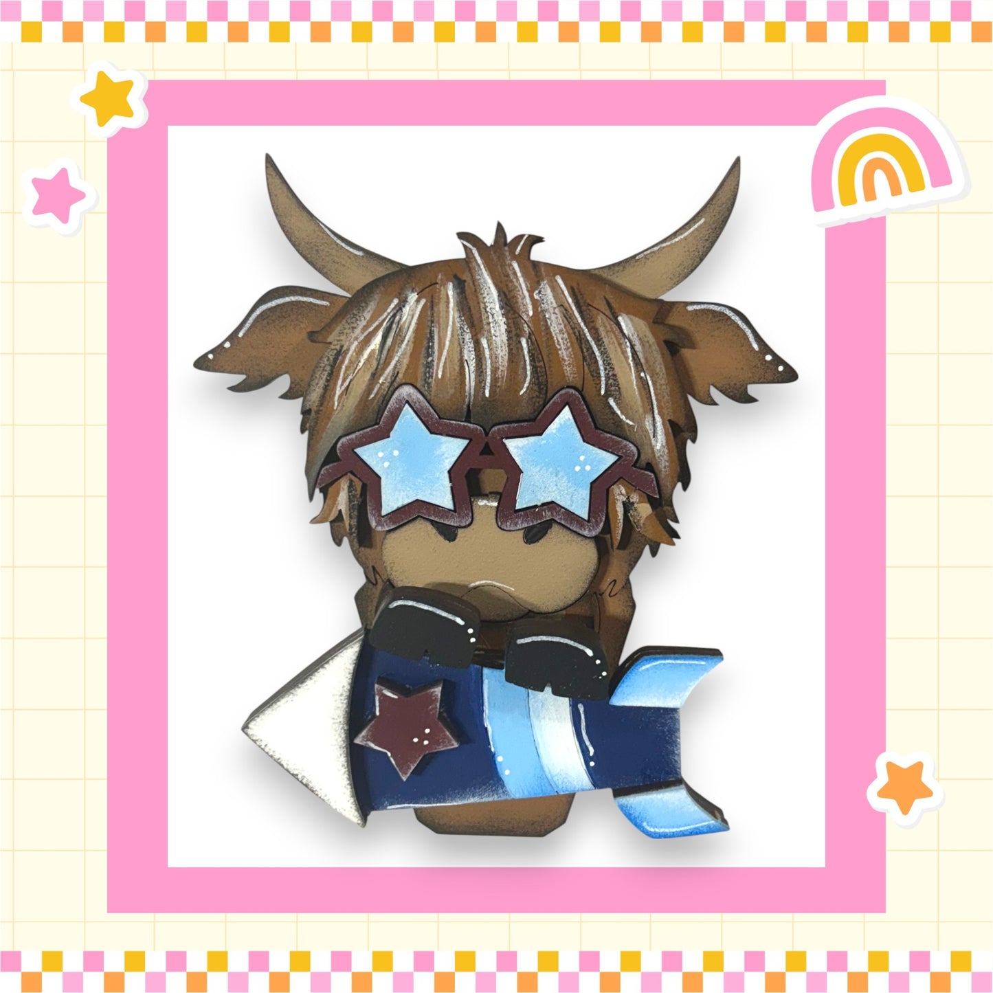 A cartoon cow wearing sunglasses and holding a rocket ship, set against a pink and yellow background with stars and a rainbow.