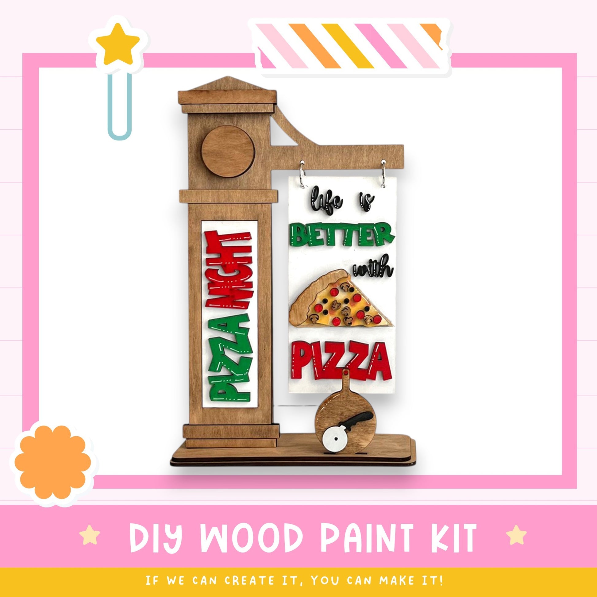 a wooden sign that has a pizza sign on it