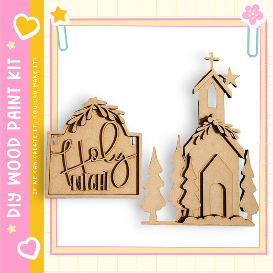 two wooden cutouts of a church and a sign with the word "HOLY" carved into it.