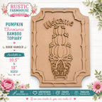 The image is an advertisement for a pumpkin-themed door hanger. It features a wooden sign with a carved pumpkin design and the word "Welcome" written on it. The sign is available in various sizes, including 10.5" and 18" options. The ad also includes a DIY wood plant kit and instructions for creating a personalized style.