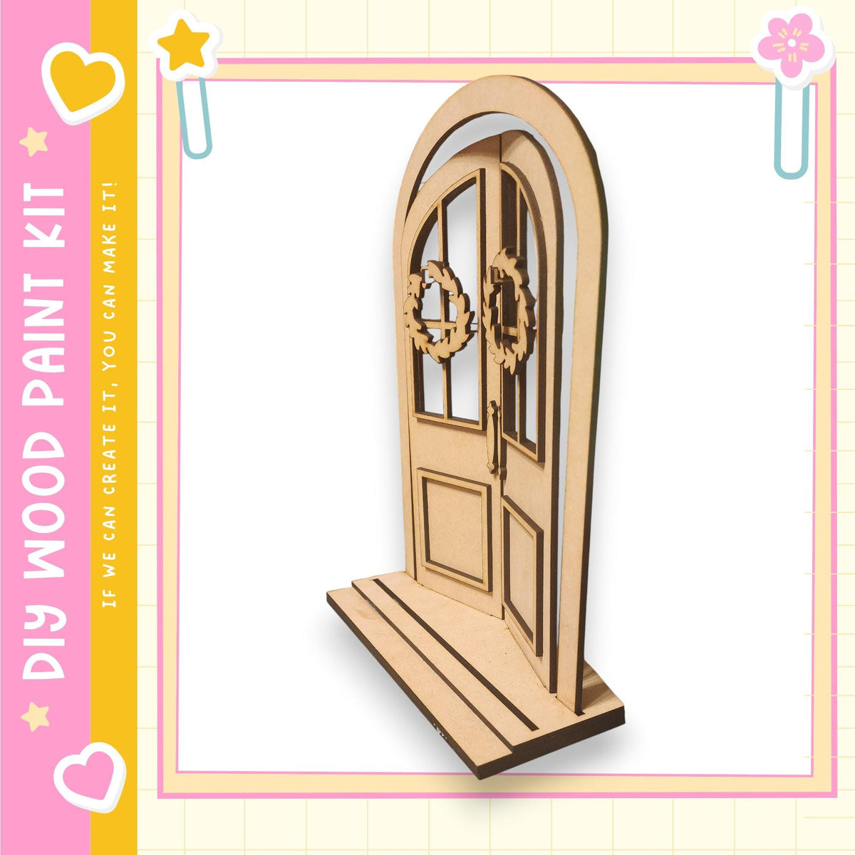 A wooden door with a wreath on the handle, set within a decorative frame.