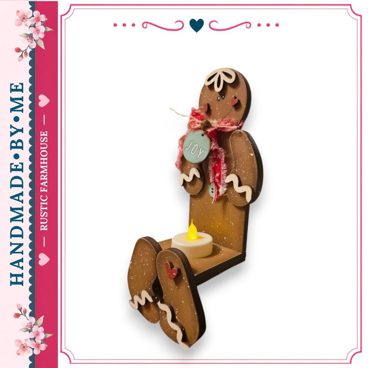 A handcrafted wooden gingerbread man figure with a candle in its lap, sitting on a wooden surface.