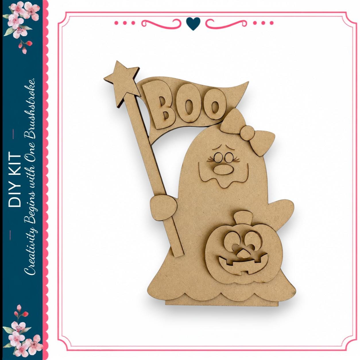 A cardboard cutout of a ghost holding a "Boo" sign and a carved pumpkin, likely representing a Halloween decoration.