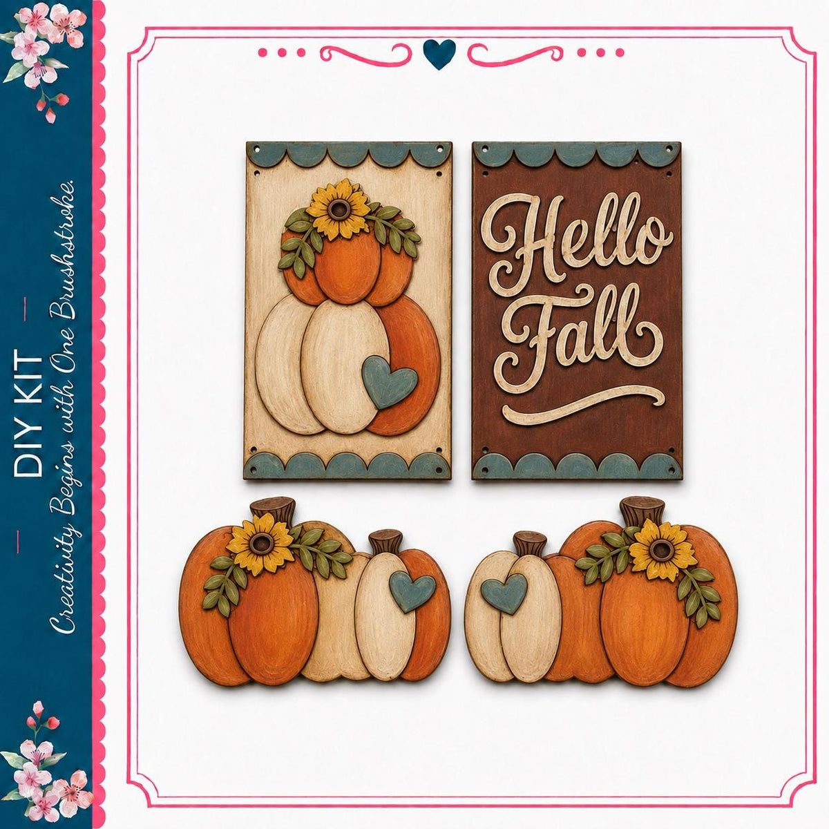 a collection of wooden pumpkins and a sign with the text "Hello Fall" on it, all set against a white background.