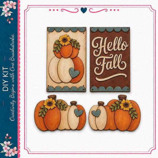 a collection of wooden pumpkins and a sign with the text "Hello Fall" on it, all set against a white background.