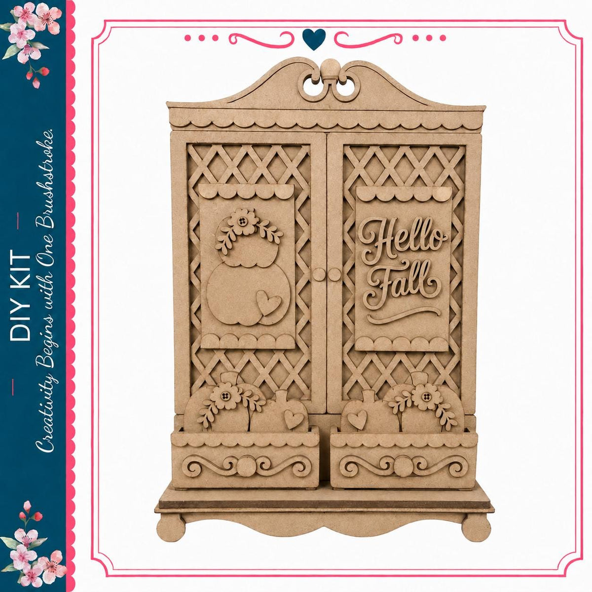 a wooden cabinet with intricate carvings and decorations, including a carved design of a heart and the phrase "Hello Fall".